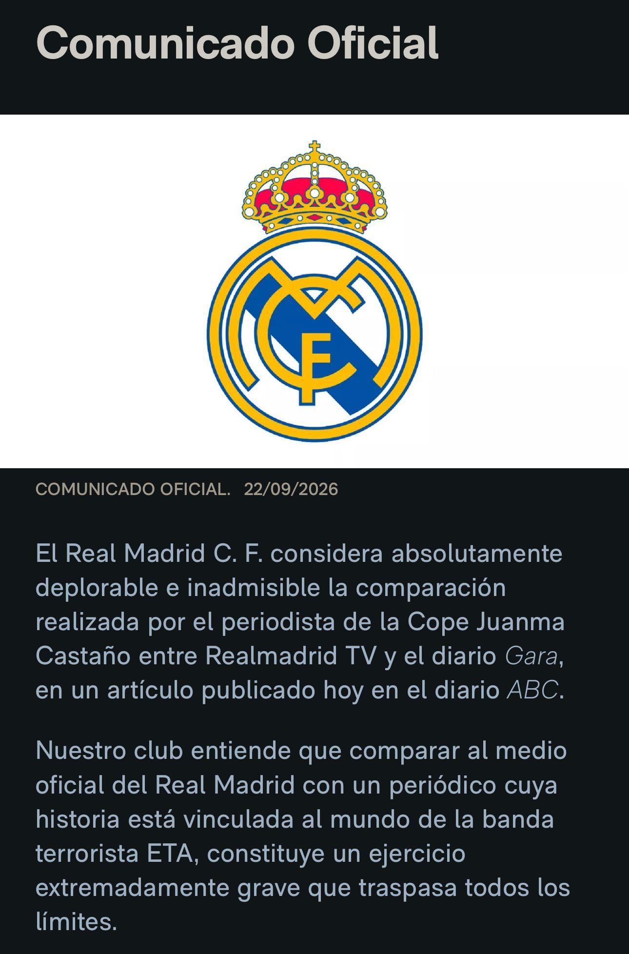 Real Madrid futbol taldearen komunikatua.