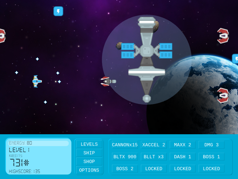2D arcade estiloko space shoot 'em up estiloko retro bideojoko baten pantailazo bat