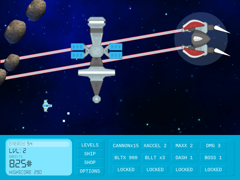 2D arcade estiloko space shoot 'em up estiloko retro bideojoko baten pantailazo bat. Oraingoan boss arerio espaziontzia laser izpiak jokalariaren untziaren kontra bidearatzen