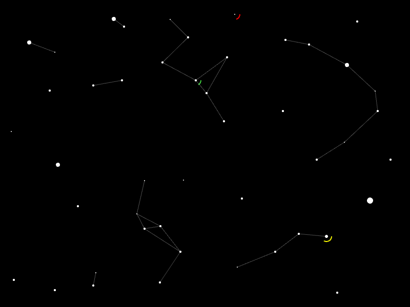 arcade estiloan prozeduralki sortutako galaxia sinple baten irudia. izar batzuk ageri dira eta batzuk konstelazioen parte dira. izar batzuk koloreak dituzte galaxiako hiru espezie/zibilizazioen koloreak. kolonizazio etapa hasierakoa