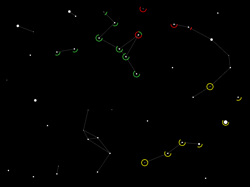 arcade estiloan prozeduralki sortutako galaxia sinple baten irudia. izar batzuk ageri dira eta batzuk konstelazioen parte dira. izar batzuk koloreak dituzte galaxiako hiru espezie/zibilizazioen koloreak. ikusten denaren arabera izar sistema gehiago kolonizatu dituzte